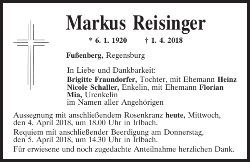  Traueranzeige für Markus Reisinger vom 04.04.2018 aus Mittelbayerische Zeitung Regensburg