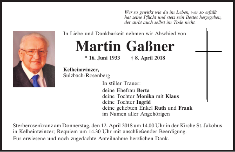  Traueranzeige für Martin Gaßner vom 10.04.2018 aus Mittelbayerische Zeitung Kelheim