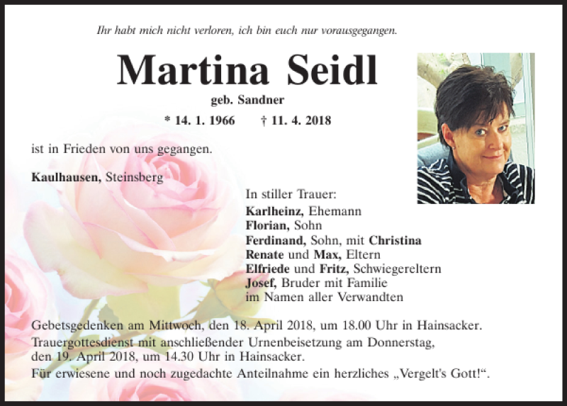  Traueranzeige für Martina Seidl vom 14.04.2018 aus Mittelbayerische Zeitung Regensburg