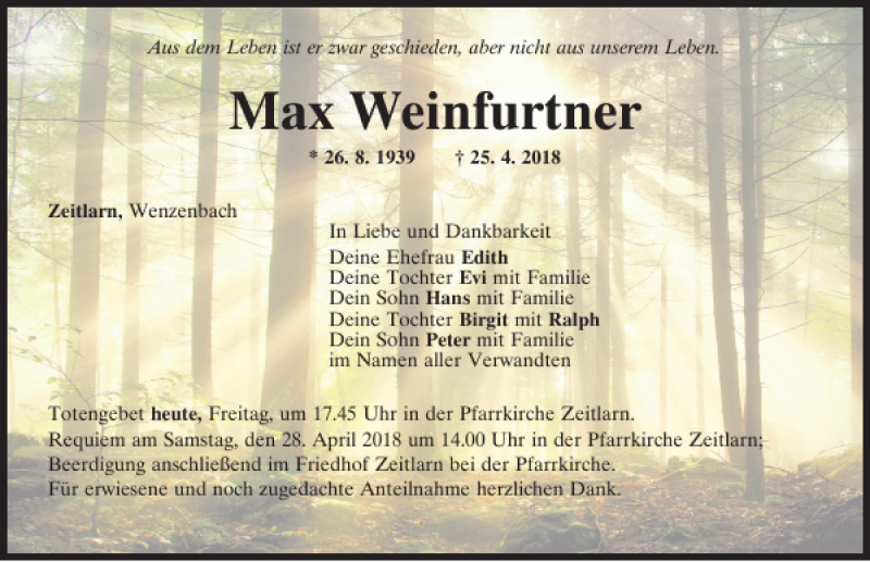  Traueranzeige für Max Weinfurtner vom 27.04.2018 aus Mittelbayerische Zeitung Regensburg