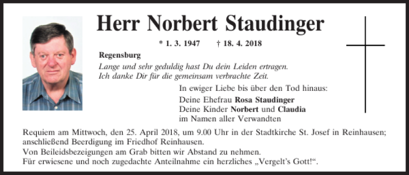  Traueranzeige für Norbert Staudinger vom 21.04.2018 aus Mittelbayerische Zeitung Regensburg