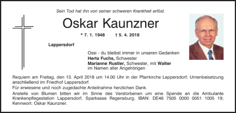  Traueranzeige für Oskar Kaunzer vom 07.04.2018 aus Mittelbayerische Zeitung Regensburg