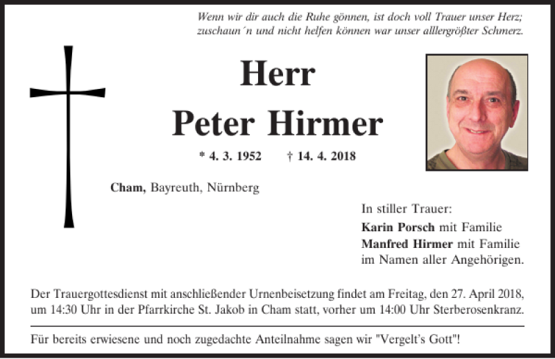  Traueranzeige für Peter Hirmer vom 25.04.2018 aus Bayerwald Echo