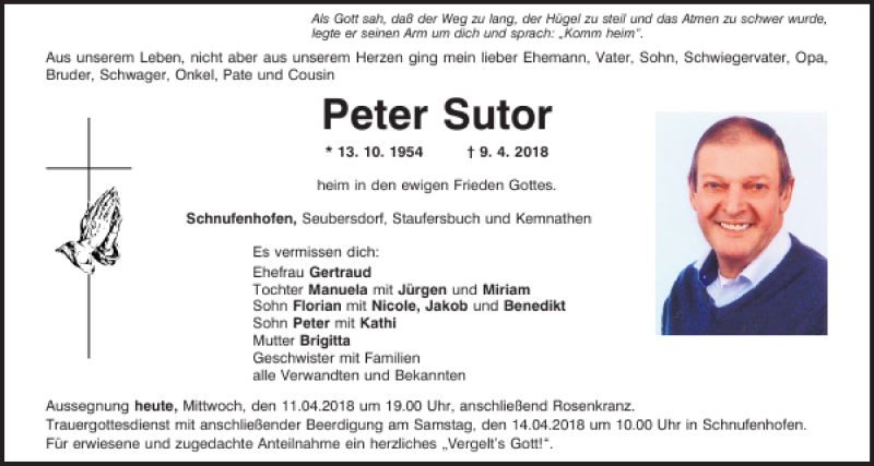  Traueranzeige für Peter Sutor vom 11.04.2018 aus Neumarkter Tagblatt