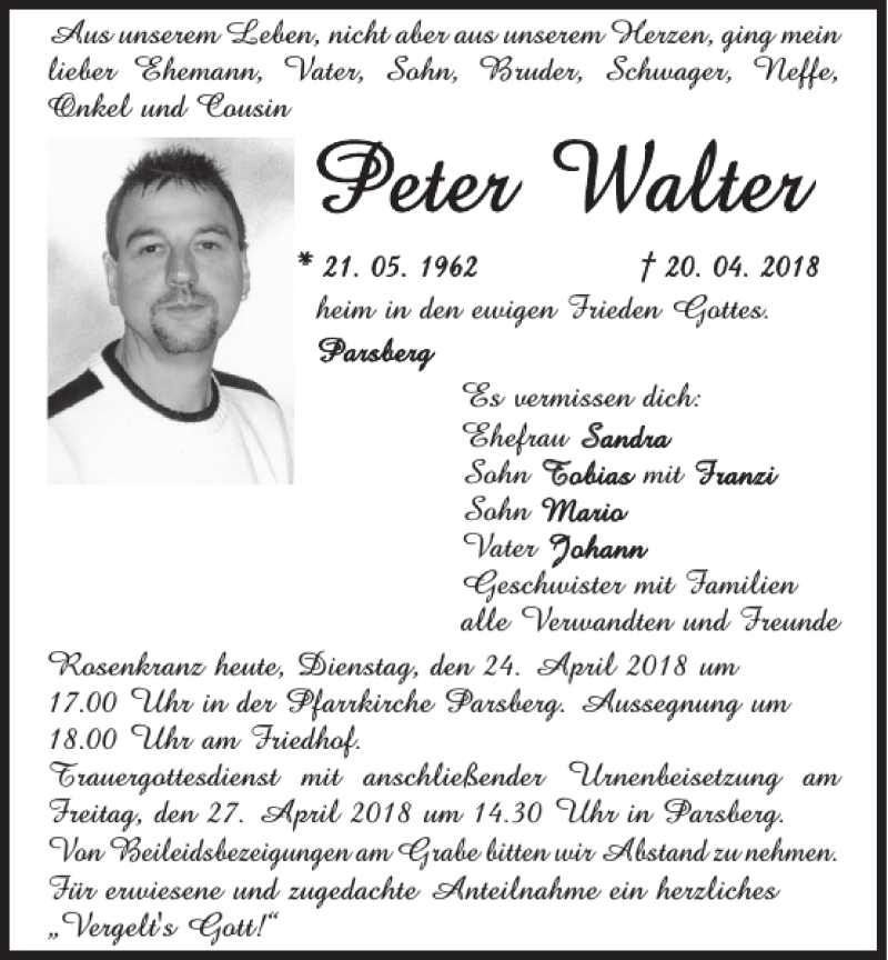  Traueranzeige für Peter Walter vom 24.04.2018 aus Neumarkter Tagblatt