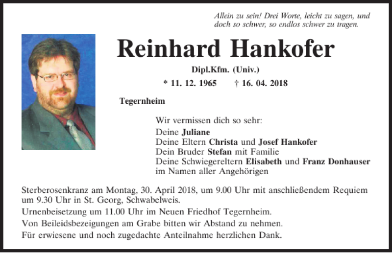  Traueranzeige für Reinhard Hankofer vom 21.04.2018 aus Mittelbayerische Zeitung Regensburg