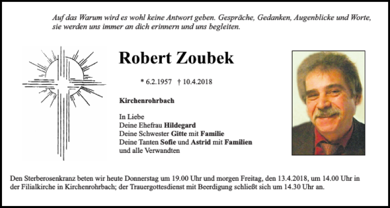  Traueranzeige für Robert Zoubek vom 12.04.2018 aus Bayerwald Echo