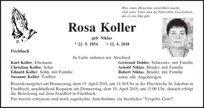  Traueranzeige für Rosa Koller vom 14.04.2018 aus Mittelbayerische Zeitung Regensburg