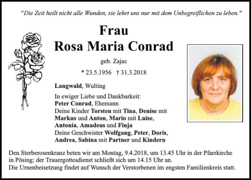  Traueranzeige für Rosa Maria Conrad vom 05.04.2018 aus Bayerwald Echo