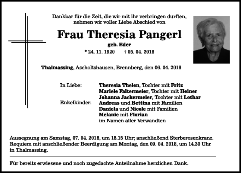  Traueranzeige für Theresia Pangerl vom 06.04.2018 aus Mittelbayerische Zeitung Regensburg