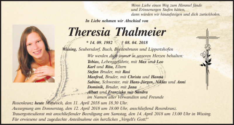  Traueranzeige für Theresia Thalmeier vom 11.04.2018 aus Neumarkter Tagblatt