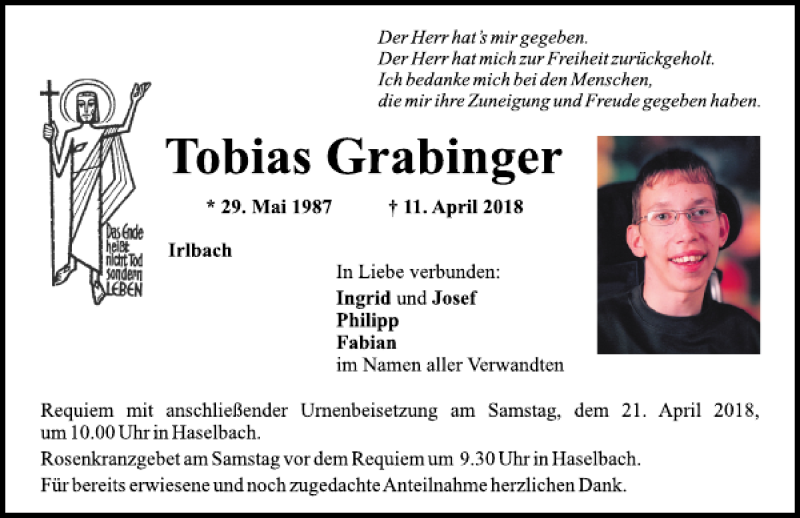  Traueranzeige für Tobias Grabinger vom 18.04.2018 aus Mittelbayerische Zeitung Schwandorf