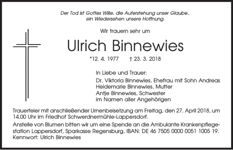  Traueranzeige für Ulrich Binnewies vom 25.04.2018 aus Mittelbayerische Zeitung Regensburg