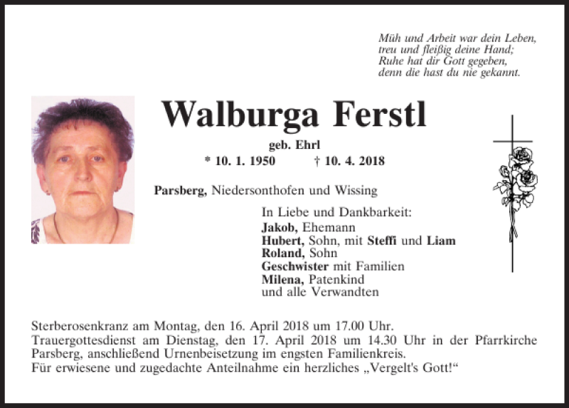  Traueranzeige für Walburga Ferstl vom 14.04.2018 aus Neumarkter Tagblatt