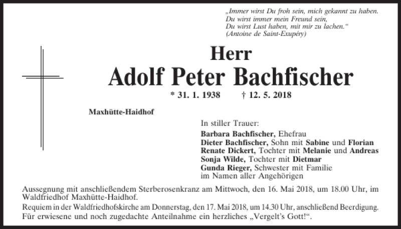  Traueranzeige für Adolf Peter Bachfischer vom 15.05.2018 aus Mittelbayerische Zeitung Schwandorf