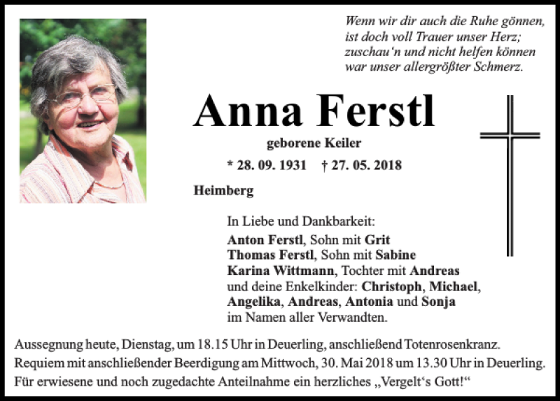  Traueranzeige für Anna Ferstl vom 29.05.2018 aus Mittelbayerische Zeitung Regensburg