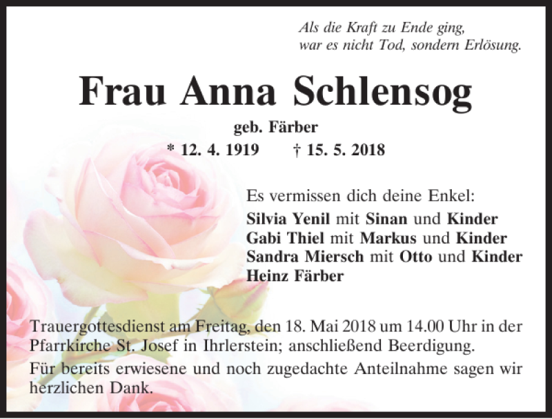  Traueranzeige für Anna Schlensog vom 17.05.2018 aus Mittelbayerische Zeitung Kelheim