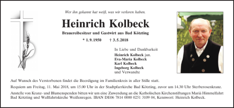  Traueranzeige für Bad Kötzting Heinrich Kolbeck vom 05.05.2018 aus Bayerwald Echo