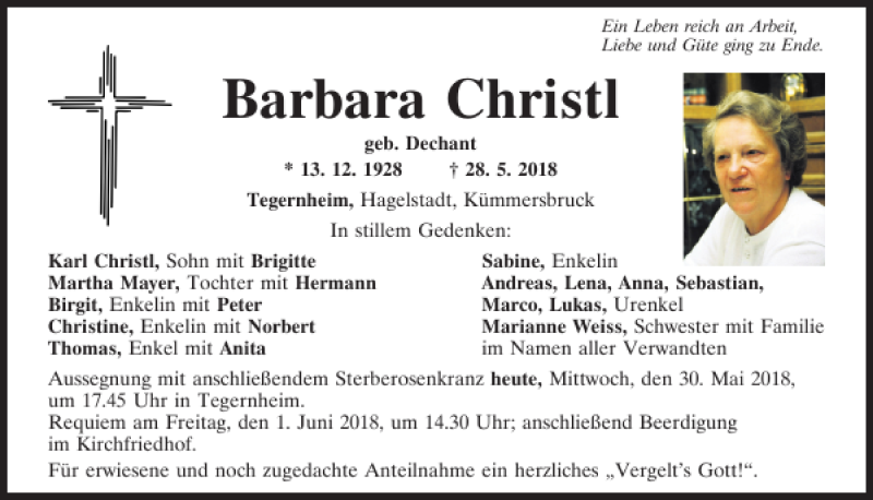  Traueranzeige für Barbara Christl vom 30.05.2018 aus Mittelbayerische Zeitung Regensburg