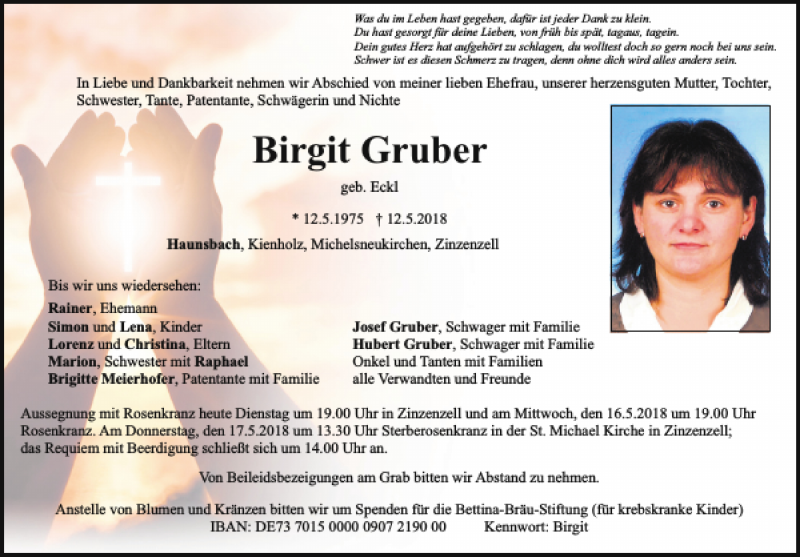  Traueranzeige für Birgit Gruber vom 15.05.2018 aus Bayerwald Echo