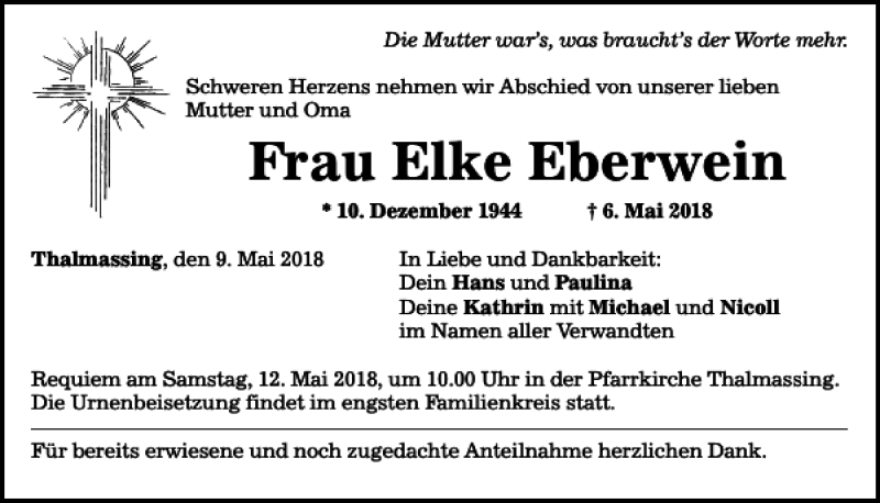  Traueranzeige für Elke Eberwein vom 09.05.2018 aus Mittelbayerische Zeitung Regensburg