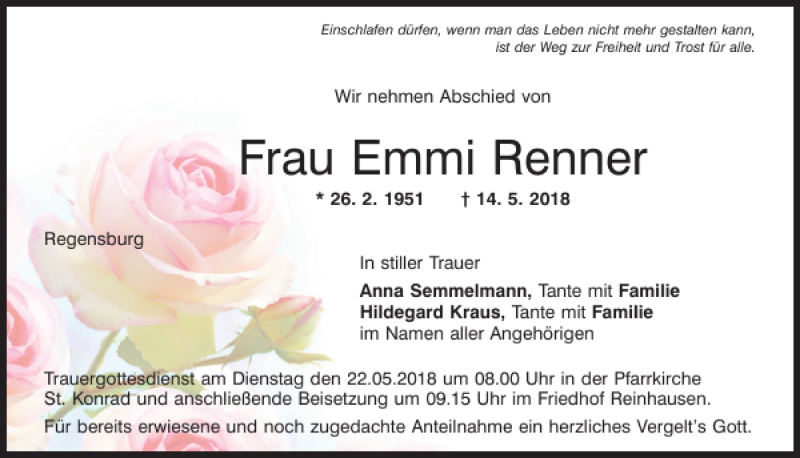  Traueranzeige für Emmi Renner vom 19.05.2018 aus Mittelbayerische Zeitung Regensburg