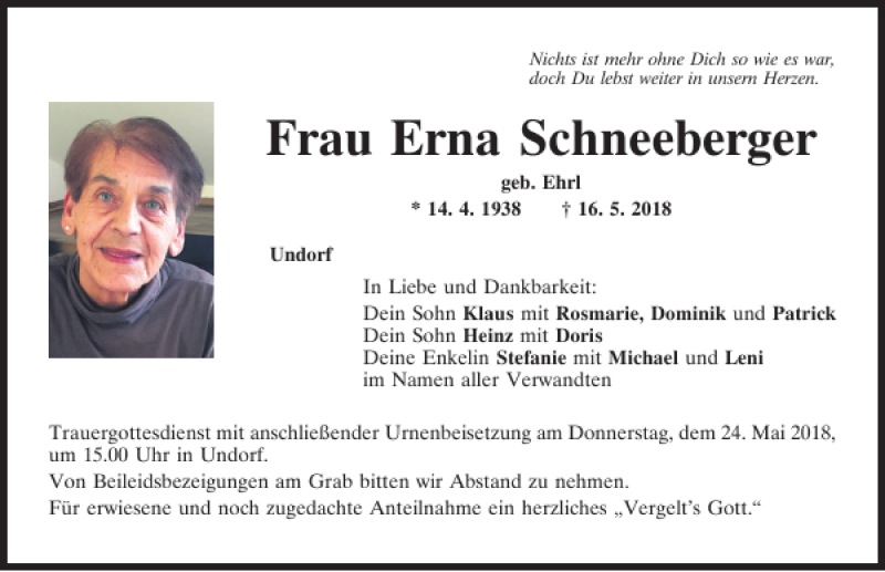  Traueranzeige für Erna Schneeberger vom 19.05.2018 aus Mittelbayerische Zeitung Regensburg