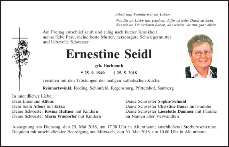  Traueranzeige für Ernestine Seidl vom 28.05.2018 aus Mittelbayerische Zeitung Regensburg