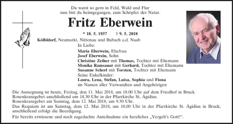  Traueranzeige für Fritz Eberwein vom 11.05.2018 aus Mittelbayerische Zeitung Regensburg