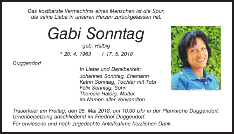  Traueranzeige für Gabi Sonntag vom 19.05.2018 aus Mittelbayerische Zeitung Regensburg