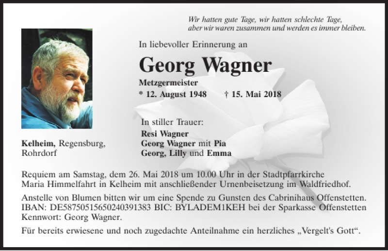  Traueranzeige für Georg Wagner vom 22.05.2018 aus Mittelbayerische Zeitung Kelheim