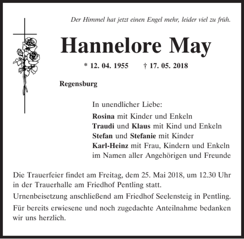  Traueranzeige für Hannelore May vom 19.05.2018 aus Mittelbayerische Zeitung Regensburg