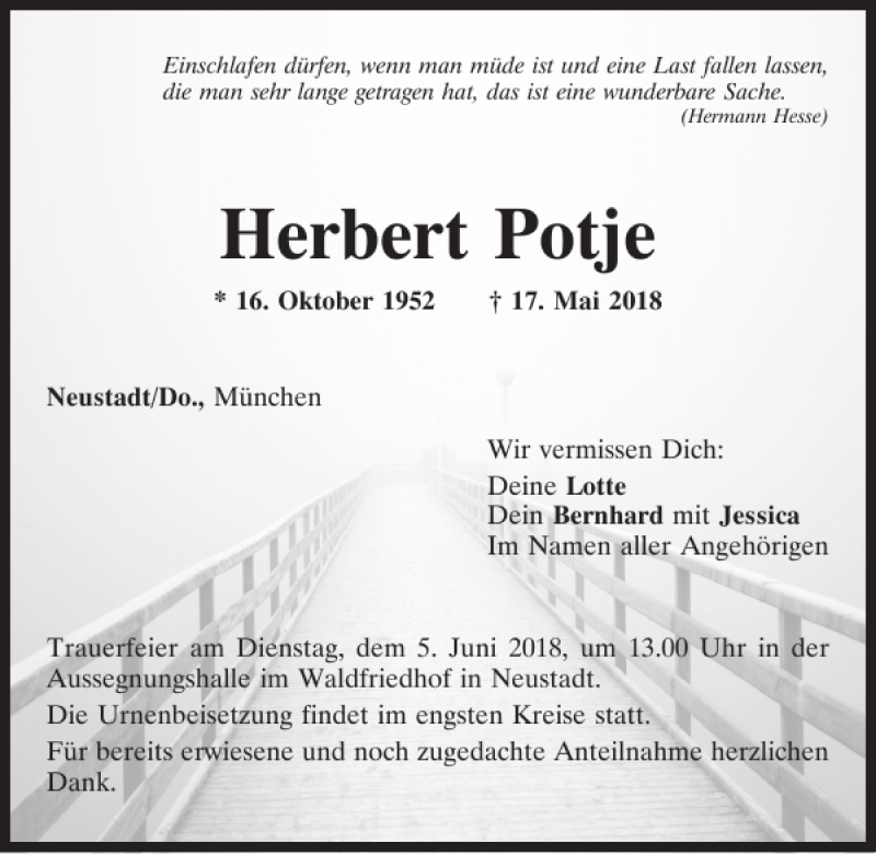  Traueranzeige für Herbert Potje vom 30.05.2018 aus Mittelbayerische Zeitung Kelheim