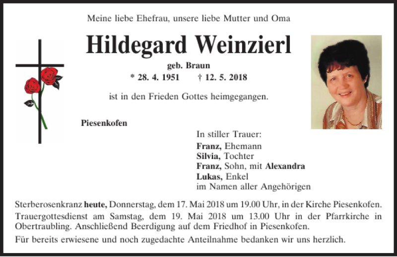  Traueranzeige für Hildegard Weinzierl vom 17.05.2018 aus Mittelbayerische Zeitung Regensburg