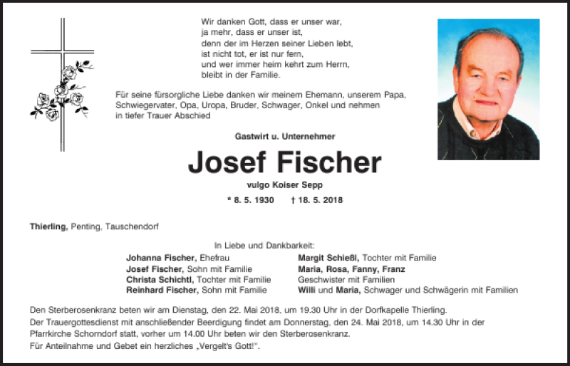  Traueranzeige für Josef Fischer vom 22.05.2018 aus Bayerwald Echo