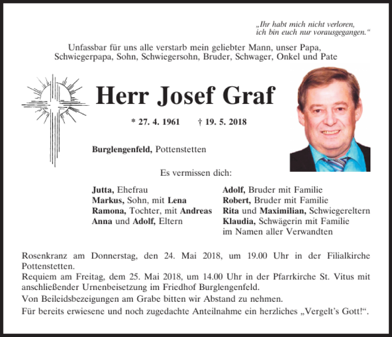  Traueranzeige für Josef Graf vom 23.05.2018 aus Mittelbayerische Zeitung Schwandorf