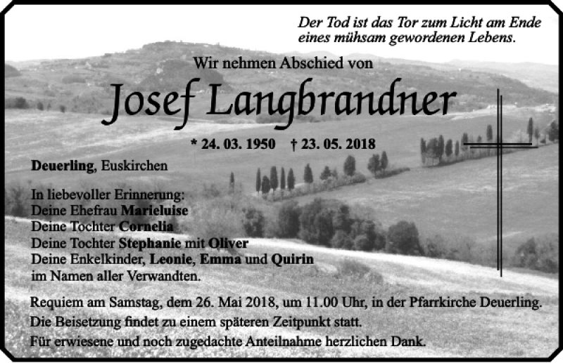  Traueranzeige für Josef Langbrandner vom 25.05.2018 aus Mittelbayerische Zeitung Regensburg