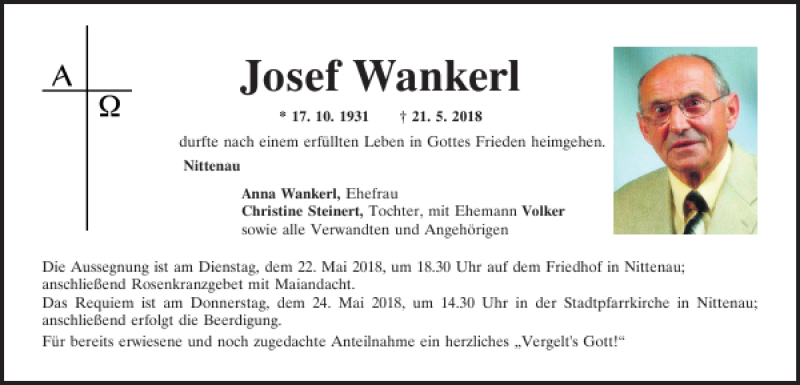  Traueranzeige für Josef Wankerl vom 22.05.2018 aus Mittelbayerische Zeitung Regensburg