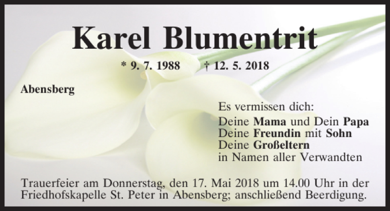  Traueranzeige für Karel Blumentrit vom 15.05.2018 aus Mittelbayerische Zeitung Kelheim