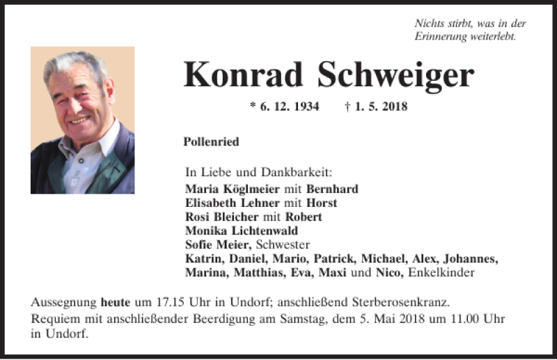  Traueranzeige für Konrad Schweiger vom 03.05.2018 aus Mittelbayerische Zeitung Regensburg