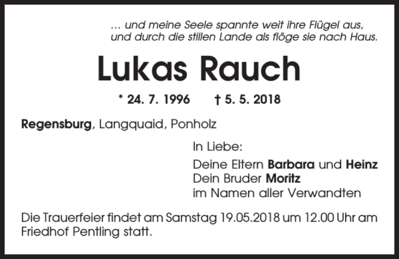  Traueranzeige für Lukas Rauch vom 16.05.2018 aus Mittelbayerische Zeitung Gesamtausgabe