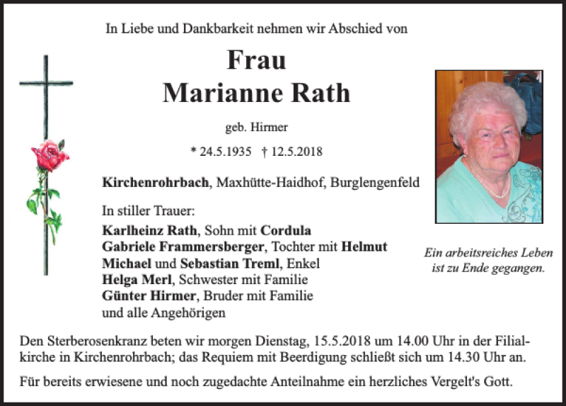  Traueranzeige für Marianne Rath vom 14.05.2018 aus Bayerwald Echo