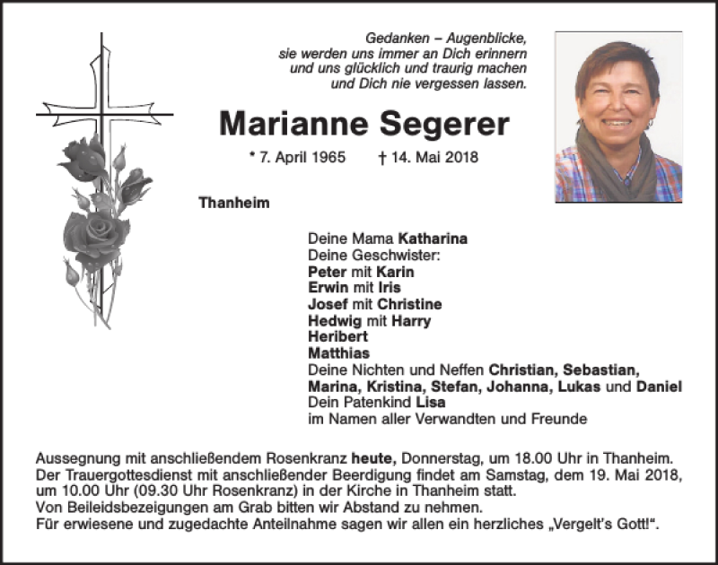 Traueranzeigen von Marianne Segerer | Mittelbayerische Trauer