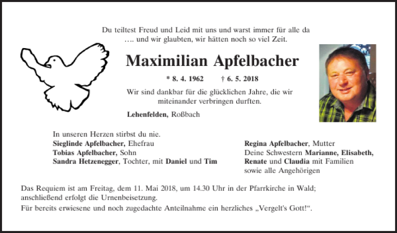  Traueranzeige für Maximilian Apfelbacher vom 08.05.2018 aus Mittelbayerische Zeitung Regensburg