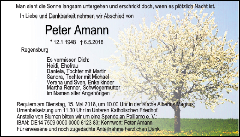  Traueranzeige für Peter Amann vom 12.05.2018 aus Mittelbayerische Zeitung Regensburg