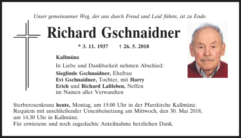  Traueranzeige für Richard Gschnaidner vom 28.05.2018 aus Mittelbayerische Zeitung Regensburg