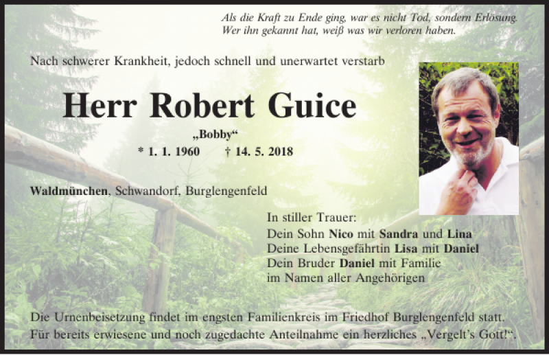  Traueranzeige für Robert Guice vom 19.05.2018 aus Mittelbayerische Zeitung Schwandorf