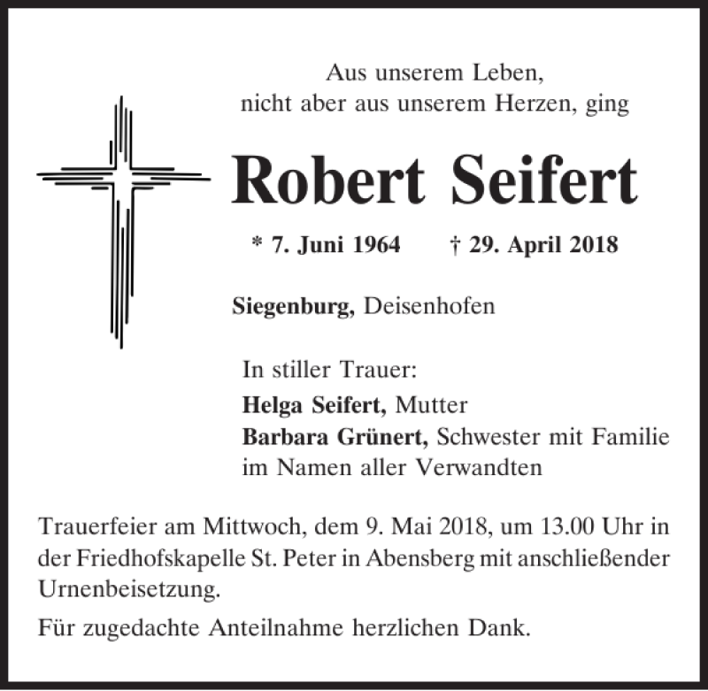  Traueranzeige für Robert Seifert vom 07.05.2018 aus Mittelbayerische Zeitung Kelheim