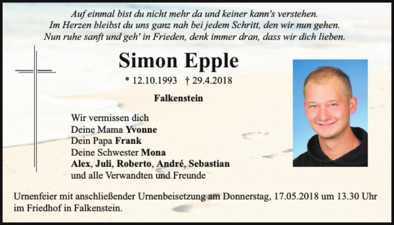  Traueranzeige für Simon Epple vom 15.05.2018 aus Bayerwald Echo