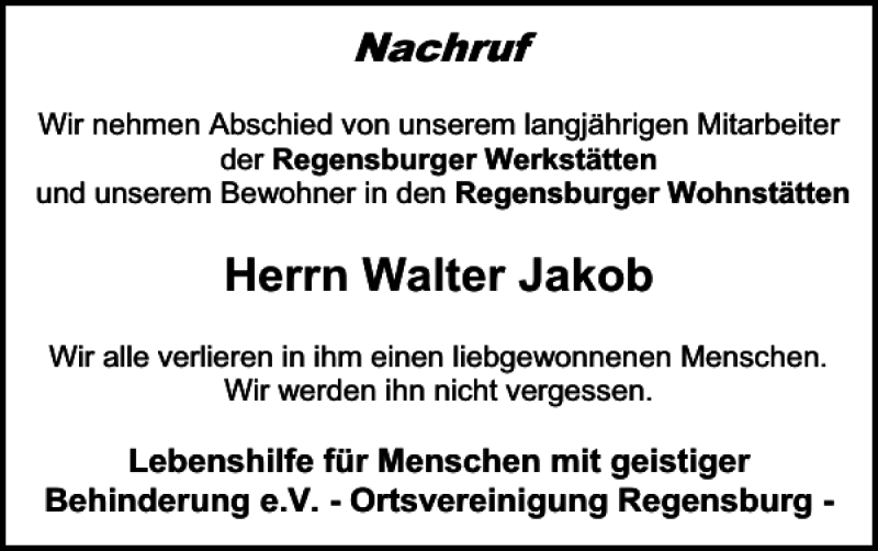 Traueranzeigen von Walter Jakob | Mittelbayerische Trauer